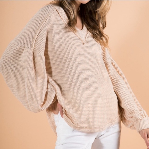 LOVERICHE V-NECK WAFFLE BALLOON SLEEVE KNIT TOP Beige Cream Womens Small - Picture 5 of 9